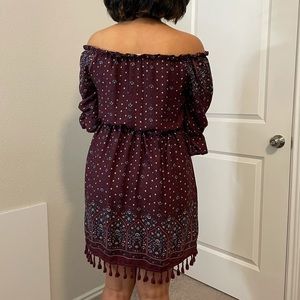 burgundy off-the-shoulder dress